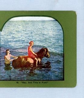 Girl on a Pony in the Water - Stereoview Card Girl on a Pony in the Water - Stereoview Card