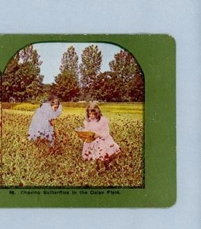 Sweet Card – Two Little Girls Chasing Butterflies - Stereoview Sweet Card – Two Little Girls Chasing Butterflies - Stereoview