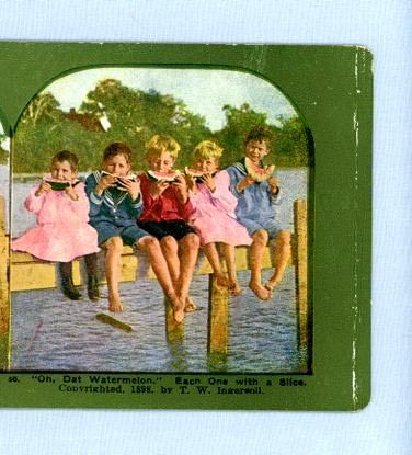 Cute Stereoview Card – Five Children on a Dock Eating Watermelon Cute Stereoview Card – Five Children on a Dock Eating Watermelon