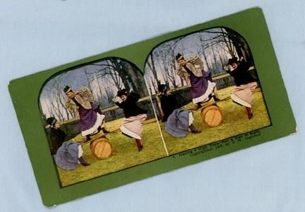 Three Woman on a Barrel See-Saw - Comic Stereoview Card Three Woman on a Barrel See-Saw - Comic Stereoview Card