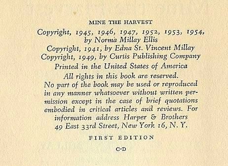 "Mine the Harvest", Later Poems by Edna St. Vincent Millay, 1954 1st Ed., Dust Jacket "Mine the Harvest", Later Poems by Edna St. Vincent Millay, 1954 1st Ed., Dust Jacket