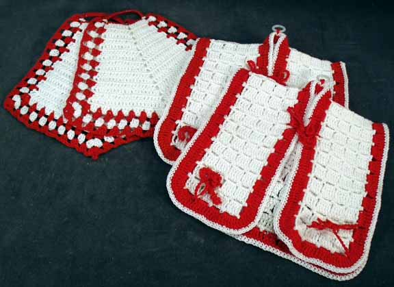 Vintage Crocheted Potholders - 2 Pairs, Red & White Vintage Crocheted Potholders - 2 Pairs, Red & White