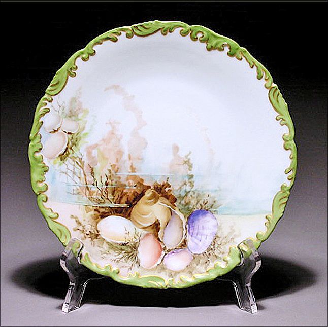 Four Antique Limoges Fish Plates w/ Hand Painted Seashells - Artist Signed "Holcombe" - Tressemann & Vogt - T&V - T & V - French Four Antique Limoges Fish Plates w/ Hand Painted Seashells - Artist Signed "Holcombe" - Tressemann & Vogt - T&V - T & V - French