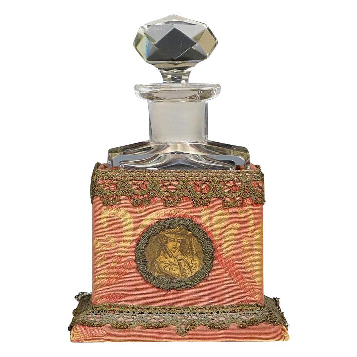Antique French Perfume Bottle in Brocade Covered Portrait Case with Metallic Lace Antique French Perfume Bottle in Brocade Covered Portrait Case with Metallic Lace