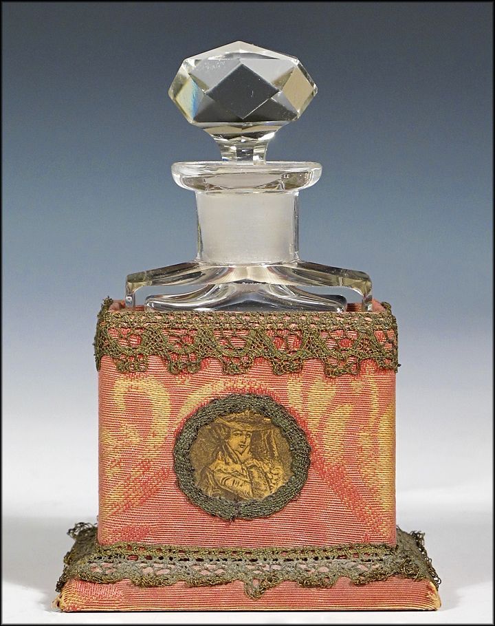 Antique French Perfume Bottle in Brocade Covered Portrait Case with Metallic Lace Antique French Perfume Bottle in Brocade Covered Portrait Case with Metallic Lace