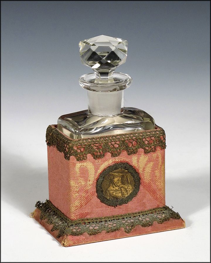 Antique French Perfume Bottle in Brocade Covered Portrait Case with Metallic Lace Antique French Perfume Bottle in Brocade Covered Portrait Case with Metallic Lace