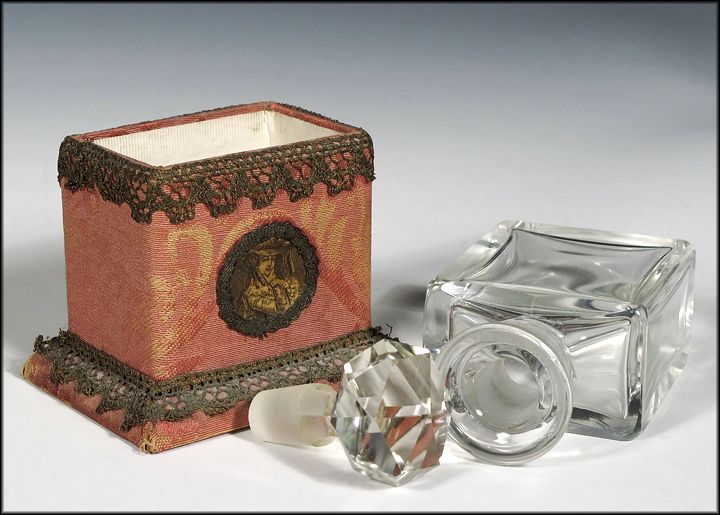 Antique French Perfume Bottle in Brocade Covered Portrait Case with Metallic Lace Antique French Perfume Bottle in Brocade Covered Portrait Case with Metallic Lace