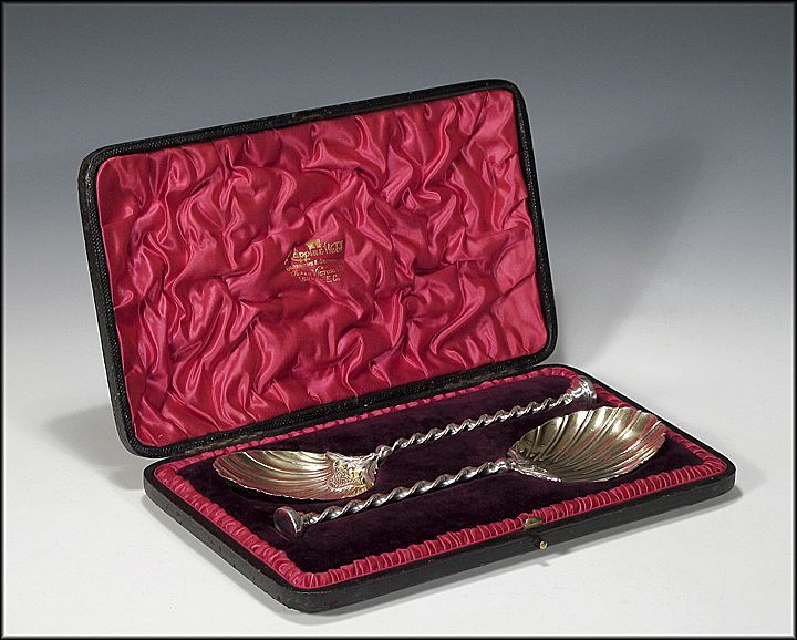 19th C Mappin and Webb Aesthetic Period Sterling Strawberry Spoons - Boxed Set of Berry Spoons 19th C Mappin and Webb Aesthetic Period Sterling Strawberry Spoons - Boxed Set of Berry Spoons