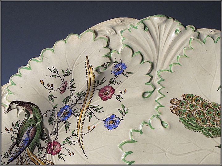 Six Copeland and Garrett Plates - Relief Molded with Leaves and Vines - Painted Peacocks and Flowers Six Copeland and Garrett Plates - Relief Molded with Leaves and Vines - Painted Peacocks and Flowers