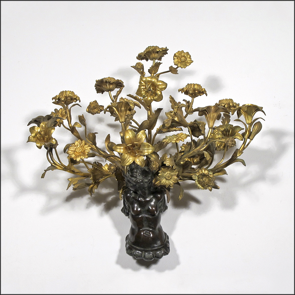 Bronze Nude Sconce with Gilded Flowers, Buds, and Leaves Bronze Nude Sconce with Gilded Flowers, Buds, and Leaves