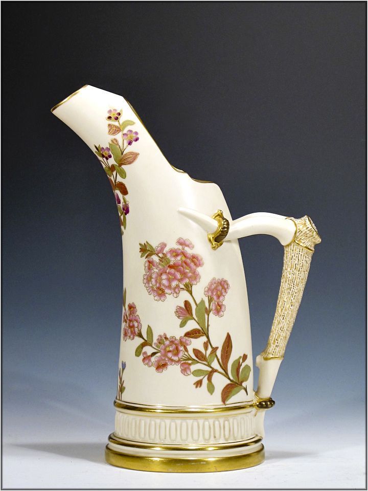 Large Antique Royal Worcester Tusk Vase with Antler Handle Large Antique Royal Worcester Tusk Vase with Antler Handle