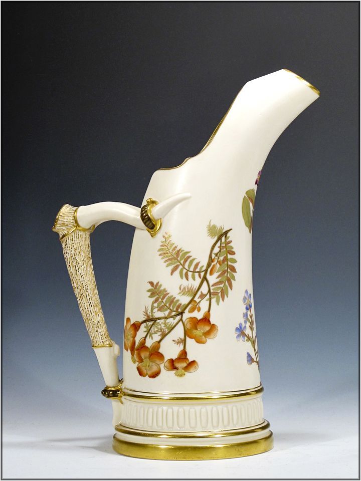 Large Antique Royal Worcester Tusk Vase with Antler Handle Large Antique Royal Worcester Tusk Vase with Antler Handle