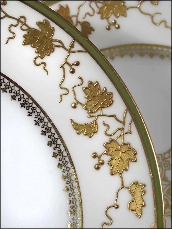 Six Latrille Freres Limoges Plates with Raised Gold Enameled Decoration Six Latrille Freres Limoges Plates with Raised Gold Enameled Decoration
