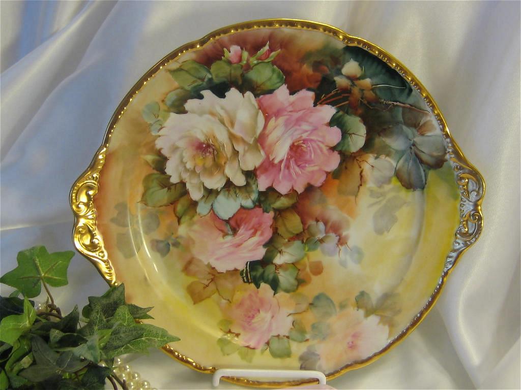 "WHITE and PINK ROSES" LIMOGES MASTERPIECE Antique Hand Painted Cake Plate ~ Handled Serving Tray Signed by BLANCHE LENZI Norristown PA Respected Talented Favorite of All Victorian Roses Artists Original Handpainted Floral Artwork on French Porcelain "WHITE and PINK ROSES" LIMOGES MASTERPIECE Antique Hand Painted Cake Plate ~ Handled Serving Tray Signed by BLANCHE LENZI Norristown PA Respected Talented Favorite of All Victorian Roses Artists Original Handpainted Floral Artwork on French Porcelain