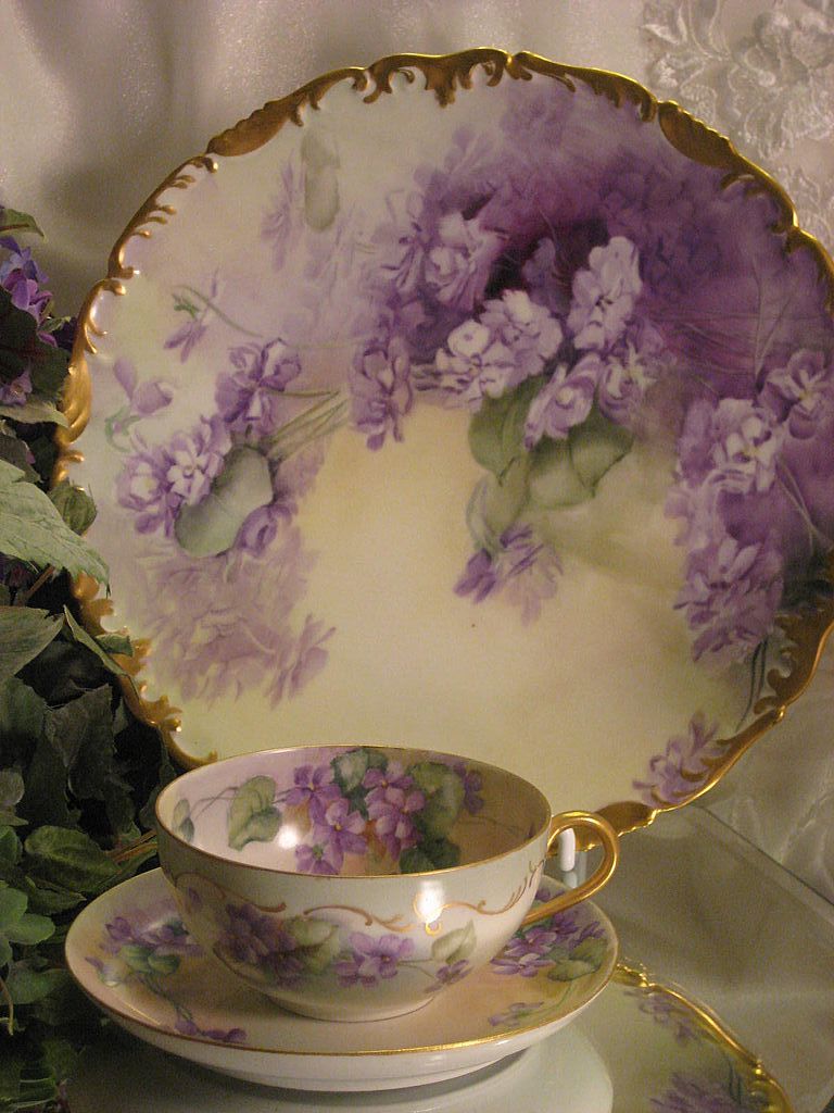"FRENCH AFRICAN PURPLE VIOLETS TEA CUP & SAUCER" Antique Limoges France Teacup & Saucer Hand Painted Vintage Victorian Floral Art China Painting 19th Century American China Painter Circa 1900 "FRENCH AFRICAN PURPLE VIOLETS TEA CUP & SAUCER" Antique Limoges France Teacup & Saucer Hand Painted Vintage Victorian Floral Art China Painting 19th Century American China Painter Circa 1900