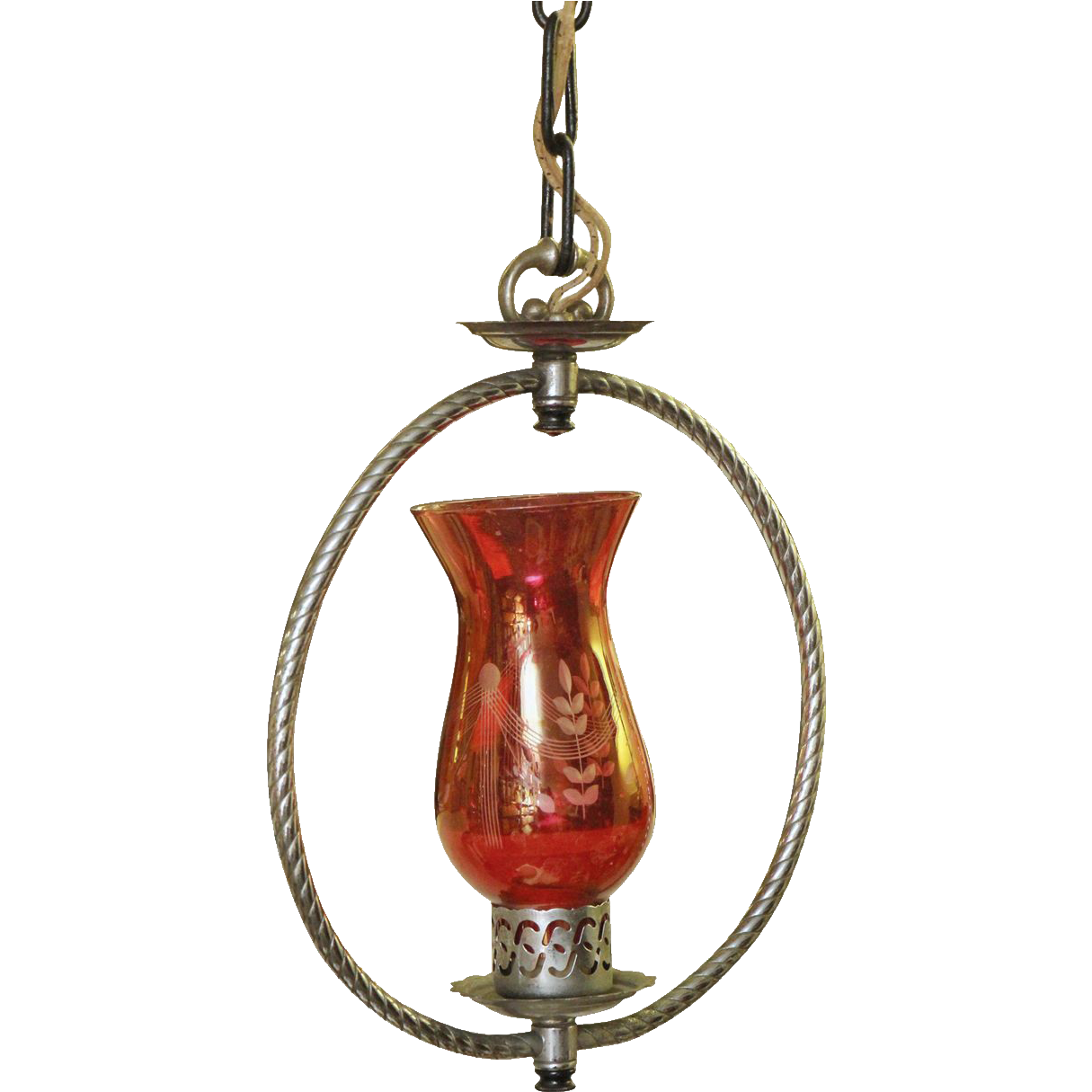 1930's Cranberry colored etched glass pendant light