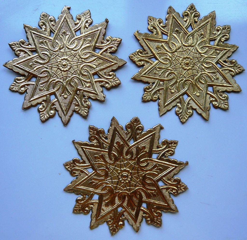 Four Vintage Dresden Die Cut Gold Star Motifs Four Vintage Dresden Die Cut Gold Star Motifs