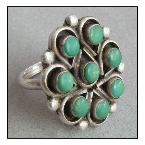 Vintage Sterling Silver, Green Turquoise Finger Ring, Stone