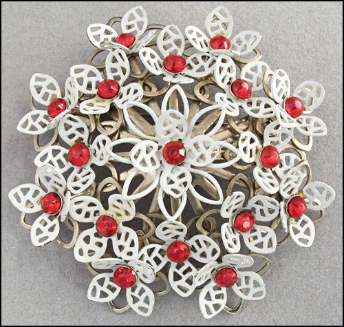 Delightful Vintage Red Rhinestone, White Enamel Floral Brooch Pin Delightful Vintage Red Rhinestone, White Enamel Floral Brooch Pin
