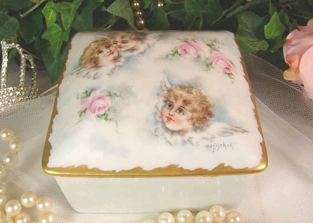 Limoges - Jewelry Box - Trinket Jar - Hand Painted - Portrait - Cherubs - Roses - Artist Signed Limoges - Jewelry Box - Trinket Jar - Hand Painted - Portrait - Cherubs - Roses - Artist Signed