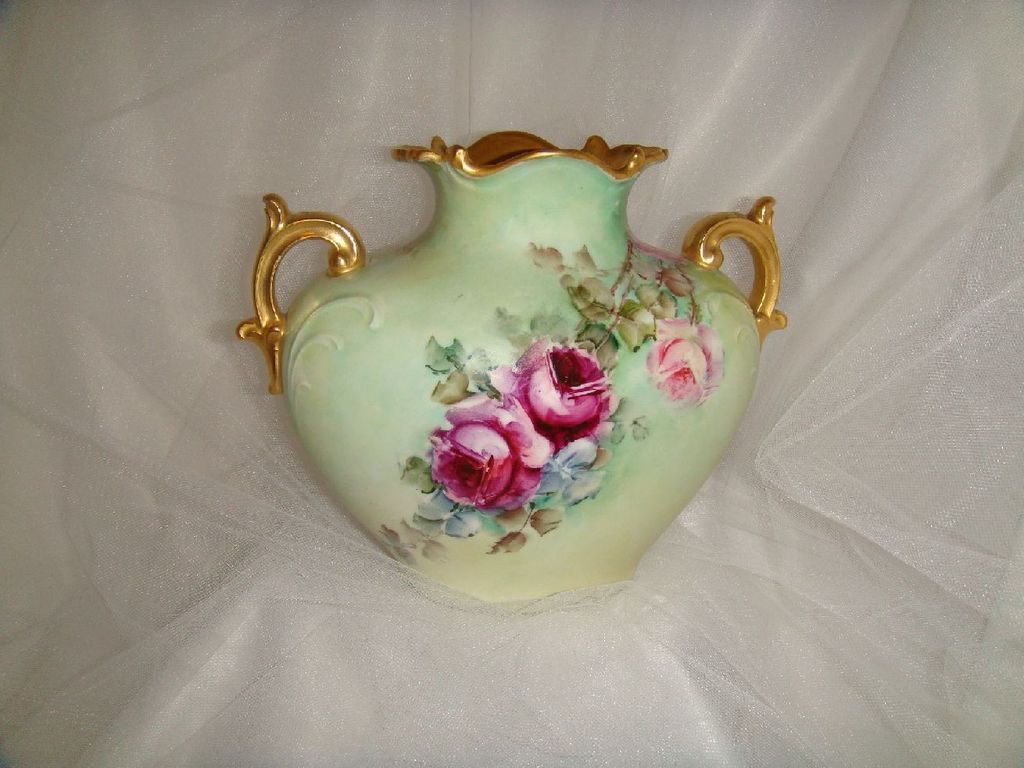 Stunning Limoges Pillow Vase with Hand Painted Crimson Roses Stunning Limoges Pillow Vase with Hand Painted Crimson Roses