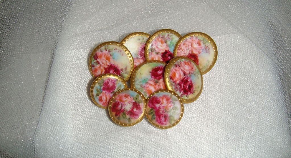 Stunning - Victorian Brooch - Matching 9 Buttons - Studs - Hand Painted - Romantic Bouquets - Pink Tea Roses - Roman Coin Gold - C- Catch - Vintage Hand Painted Heirloom Stunning - Victorian Brooch - Matching 9 Buttons - Studs - Hand Painted - Romantic Bouquets - Pink Tea Roses - Roman Coin Gold - C- Catch - Vintage Hand Painted Heirloom