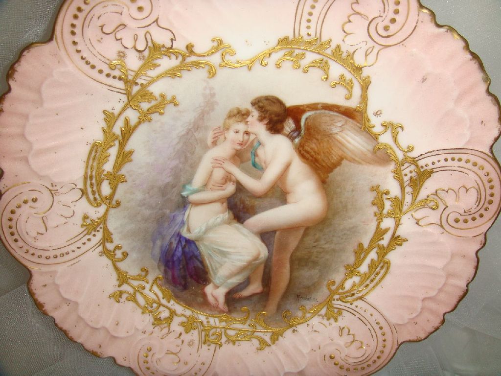 Stunning - French - Romantic - Figural Scene - Portrait - Pink - Plate - Hand Painted - Semi-Nude Maiden - Winged Angel - Ornate Gilded Embossed Design - Signed Limoges Artist - Mulville - Dated 1890 - One-of-a-Kind - Antique French Heirloom Stunning - French - Romantic - Figural Scene - Portrait - Pink - Plate - Hand Painted - Semi-Nude Maiden - Winged Angel - Ornate Gilded Embossed Design - Signed Limoges Artist - Mulville - Dated 1890 - One-of-a-Kind - Antique French Heirloom