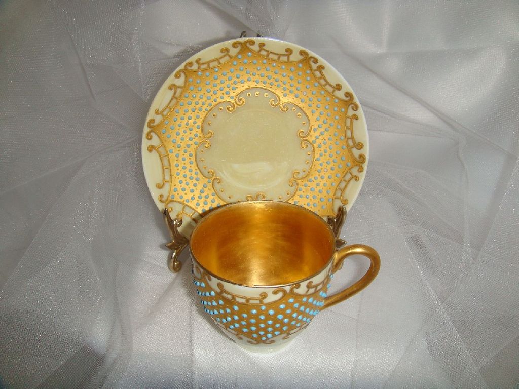 D&C - Limoges - Cup - Saucer - Hand Painted - Gilded Design - Enamel Jewels - Circa 1900 D&C - Limoges - Cup - Saucer - Hand Painted - Gilded Design - Enamel Jewels - Circa 1900