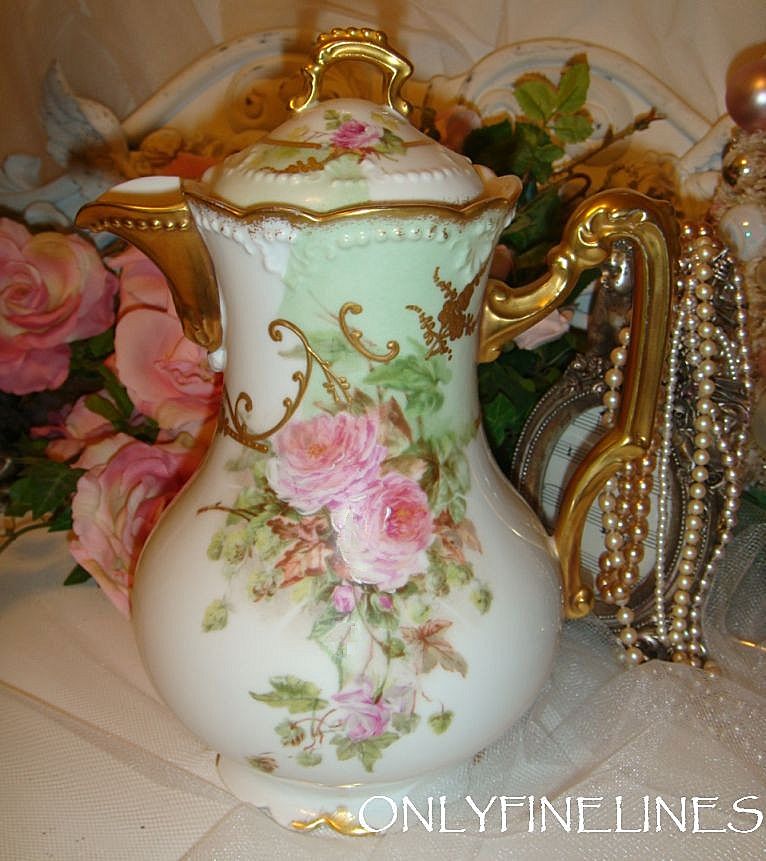 Stunning Limoges Chocolate Pot with Pink Roses Stunning Limoges Chocolate Pot with Pink Roses