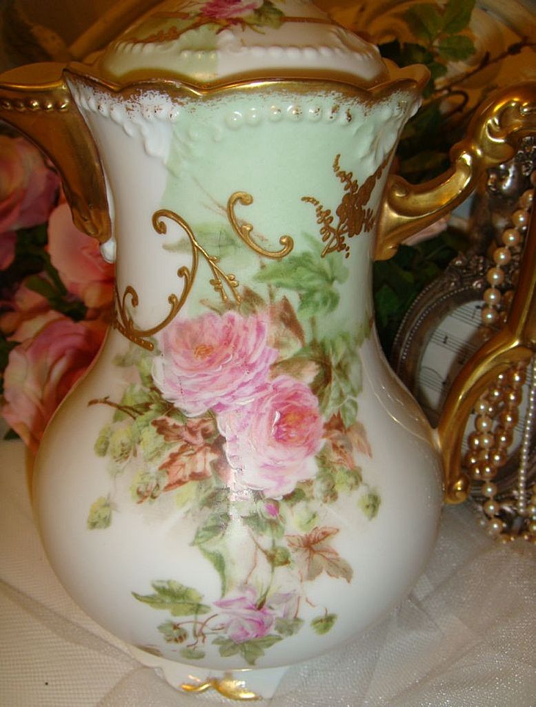 Stunning Limoges Chocolate Pot with Pink Roses Stunning Limoges Chocolate Pot with Pink Roses