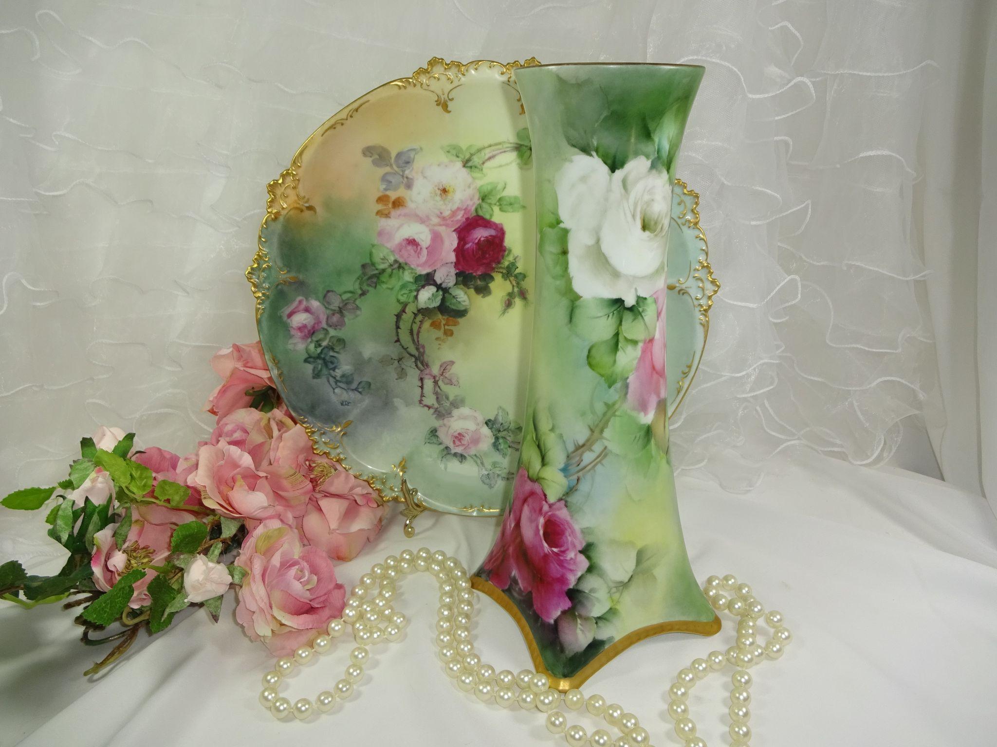 BEAUTIFUL Bavaria Vase with Hand Painted Roses - - Artist Signed BEAUTIFUL Bavaria Vase with Hand Painted Roses - - Artist Signed