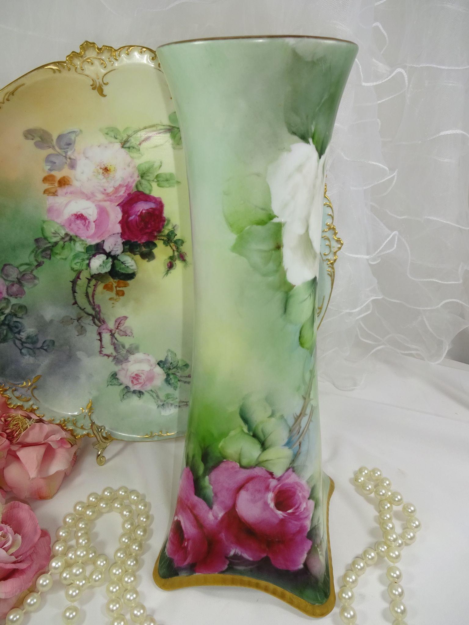BEAUTIFUL Bavaria Vase with Hand Painted Roses - - Artist Signed BEAUTIFUL Bavaria Vase with Hand Painted Roses - - Artist Signed