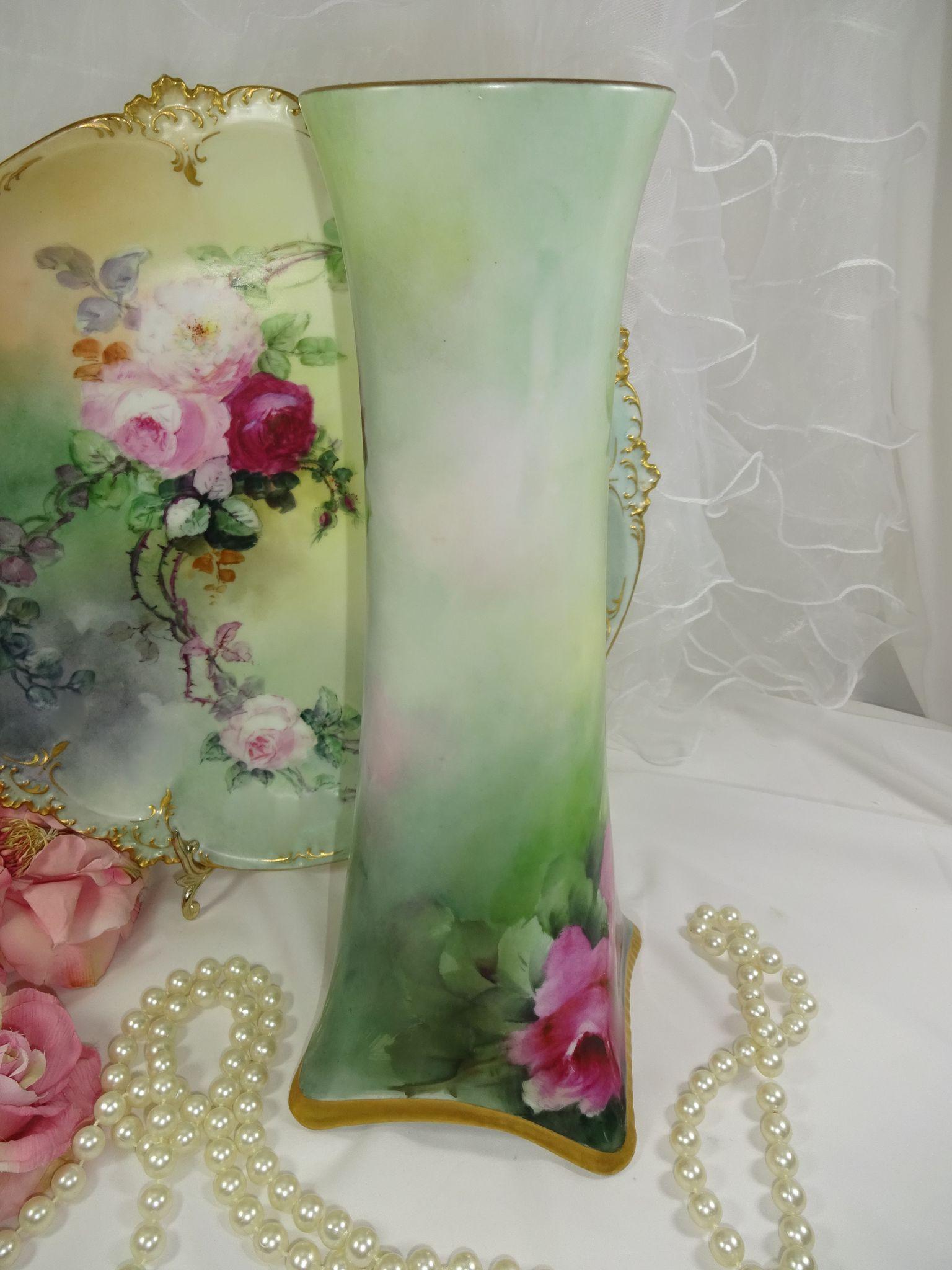 BEAUTIFUL Bavaria Vase with Hand Painted Roses - - Artist Signed BEAUTIFUL Bavaria Vase with Hand Painted Roses - - Artist Signed