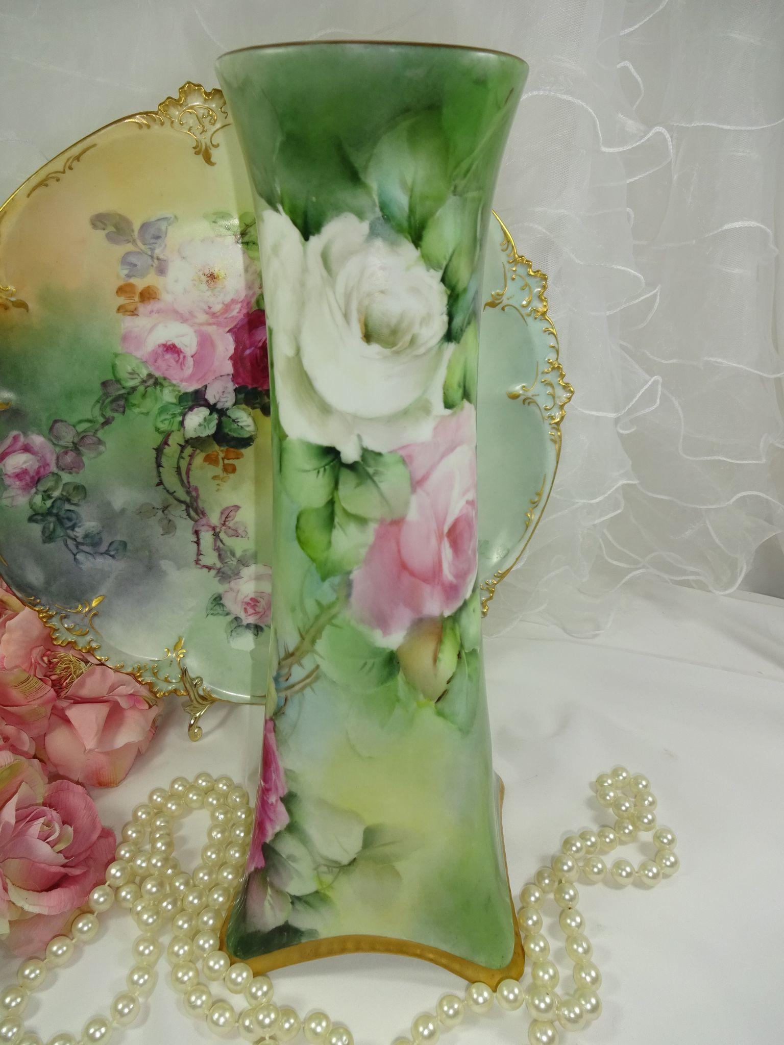 BEAUTIFUL Bavaria Vase with Hand Painted Roses - - Artist Signed BEAUTIFUL Bavaria Vase with Hand Painted Roses - - Artist Signed
