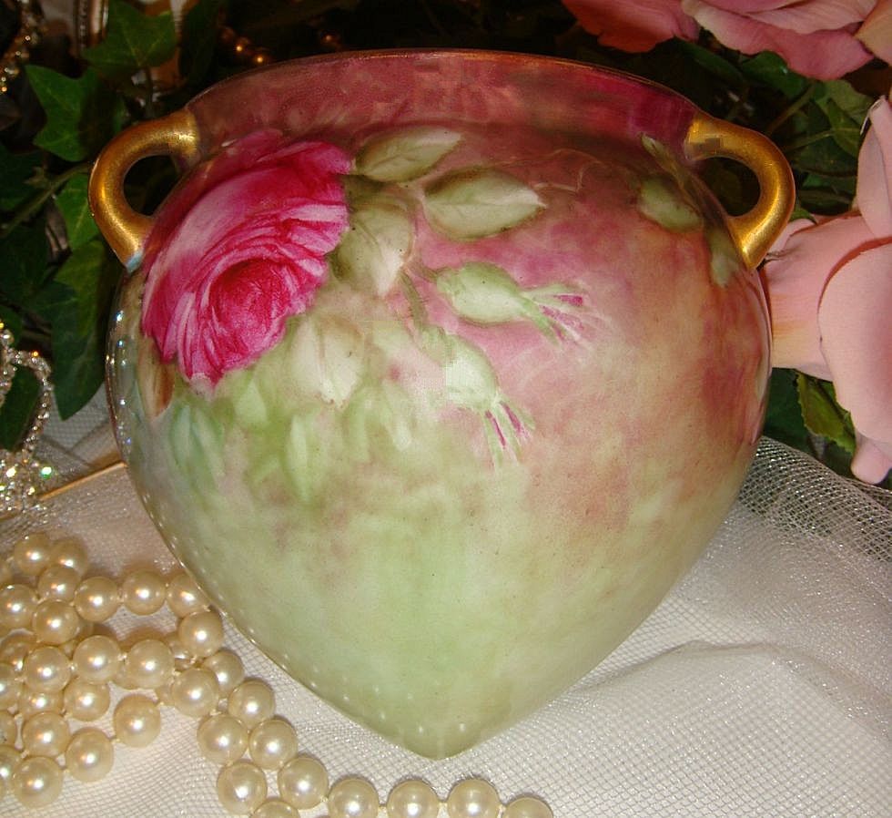 Stunning Hanging Jardiniere Vase with Hand Painted Pink Roses Stunning Hanging Jardiniere Vase with Hand Painted Pink Roses
