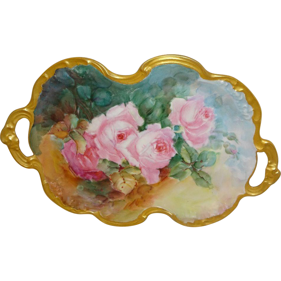 Limoges - Dual Handle - Tray - Hand Painted - Romantic Pink Roses - Radiant Gold Accents Limoges - Dual Handle - Tray - Hand Painted - Romantic Pink Roses - Radiant Gold Accents
