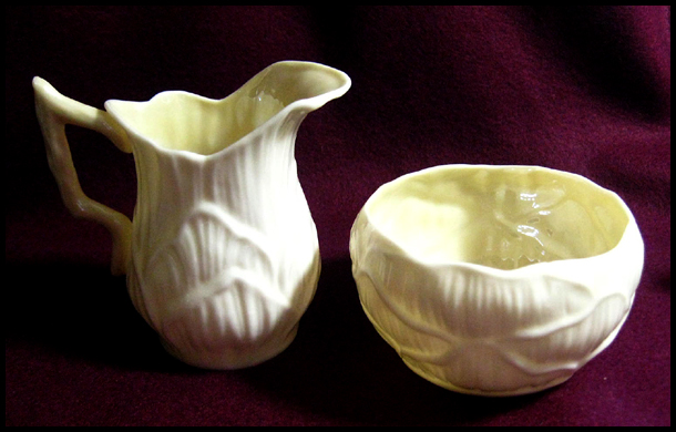 Belleek Lily Pattern Creamer & Sugar -- Green Mark Belleek Lily Pattern Creamer & Sugar -- Green Mark