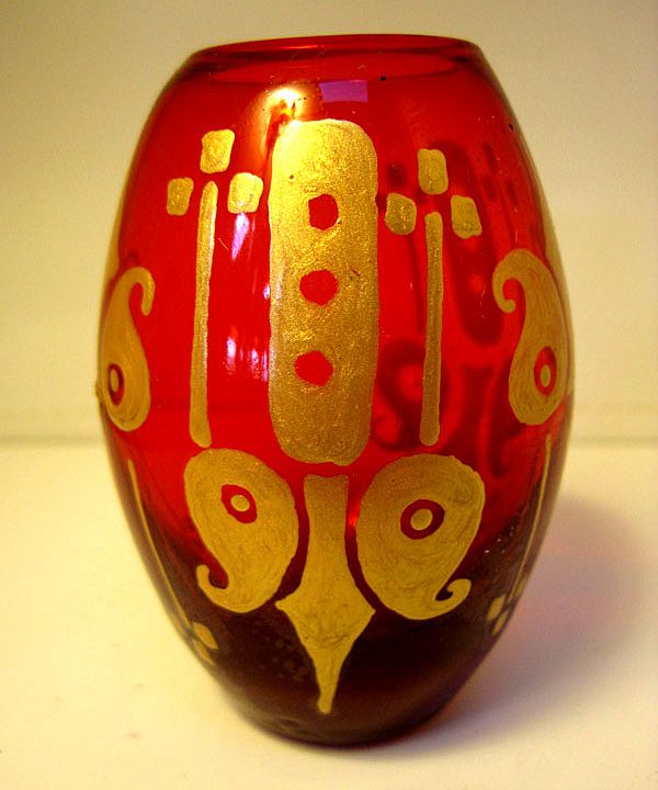 Red Glass Bud Vase Handpainted with Art Deco Design Red Glass Bud Vase Handpainted with Art Deco Design