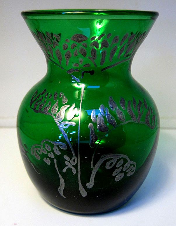 Green Glass Bud Vase Handpainted with Art Nouveau Design Green Glass Bud Vase Handpainted with Art Nouveau Design