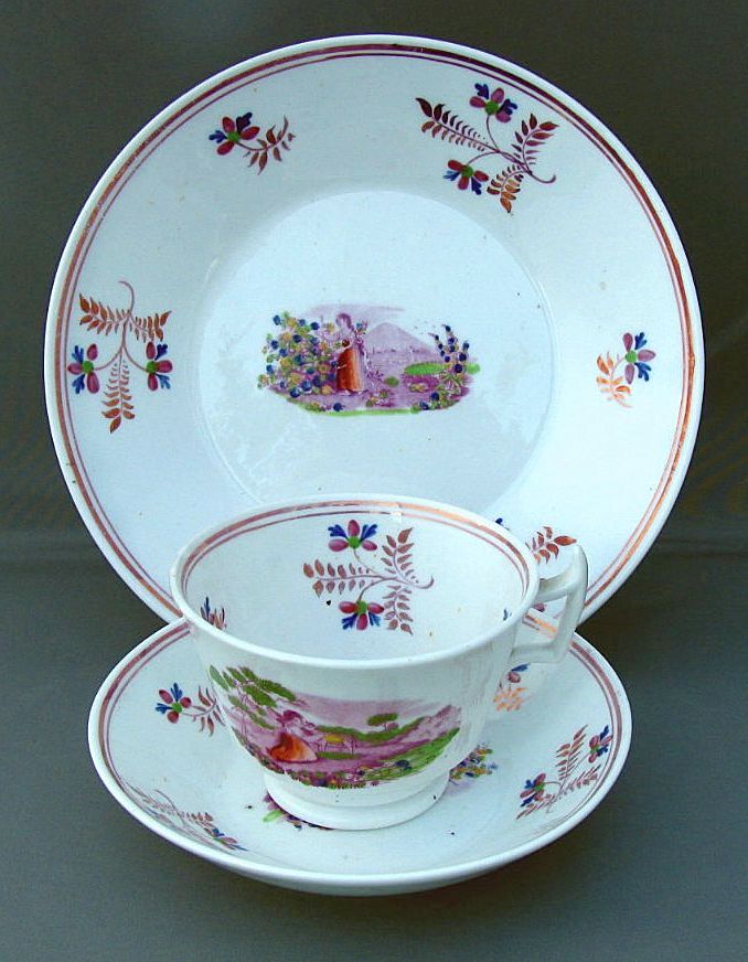 Cup, Saucer & Muffin Plate, Antique Porcelain, 19th C English, Pink Lustre Cup, Saucer & Muffin Plate, Antique Porcelain, 19th C English, Pink Lustre