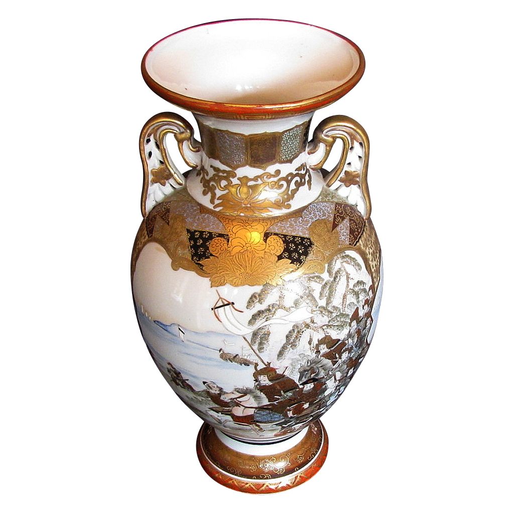 Kutani Vase, Satsuma Style Decoration, Samurai on Horseback, Antique Japanese Meiji Era Kutani Vase, Satsuma Style Decoration, Samurai on Horseback, Antique Japanese Meiji Era