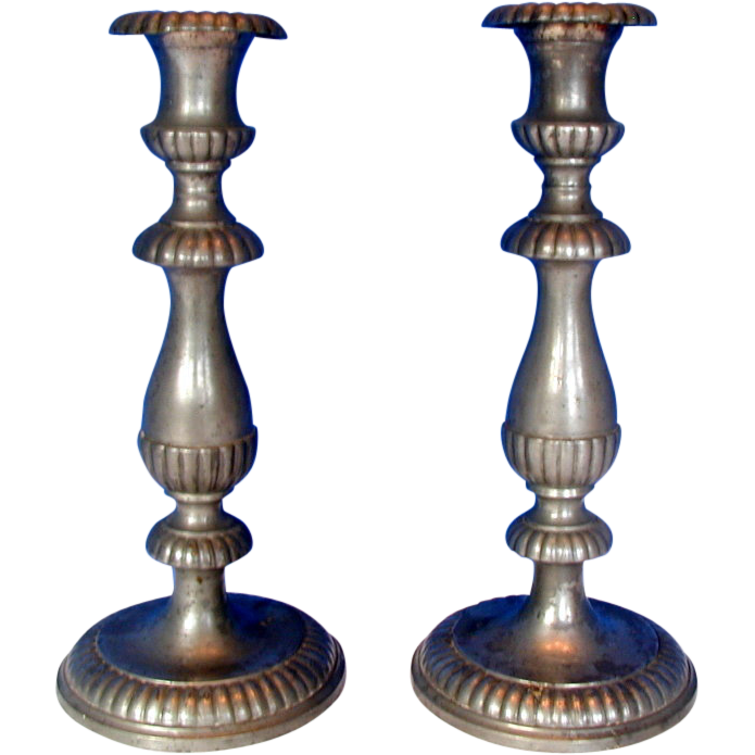 Pewter Candlesticks, Pair, Antique 19th C American from owensantiques