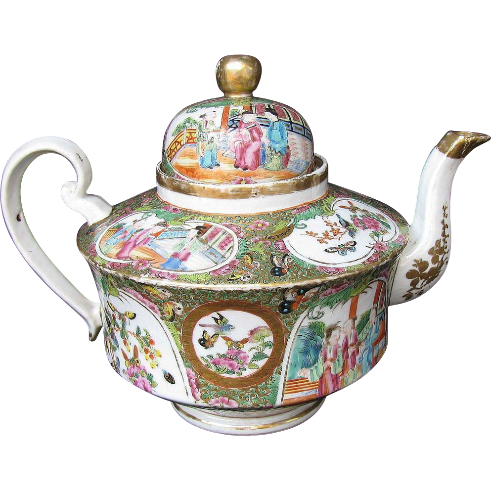 Rose Mandarin Teapot, Large, Gold in Hair, Antique 19th C Chinese Export Rose Mandarin Teapot, Large, Gold in Hair, Antique 19th C Chinese Export