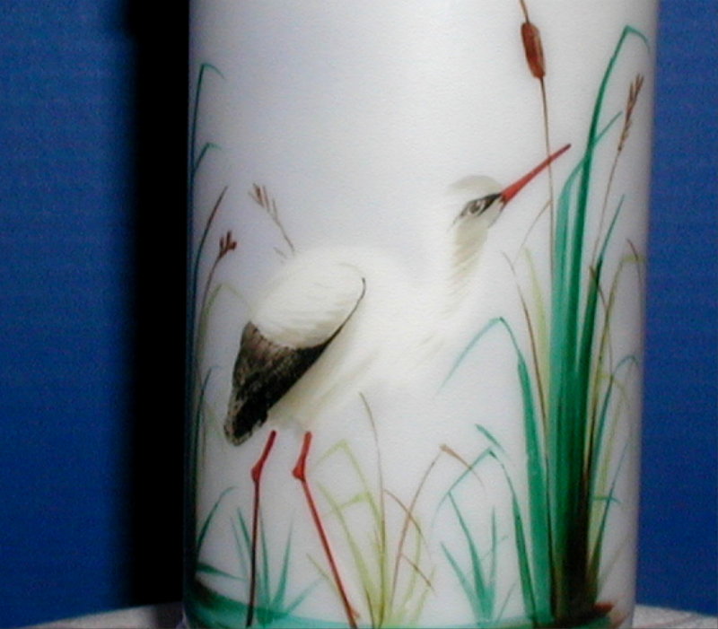 Mt. Washington Glass Ring Vase,Crane in Cattails, Smith Brothers, Antique Mt. Washington Glass Ring Vase,Crane in Cattails, Smith Brothers, Antique