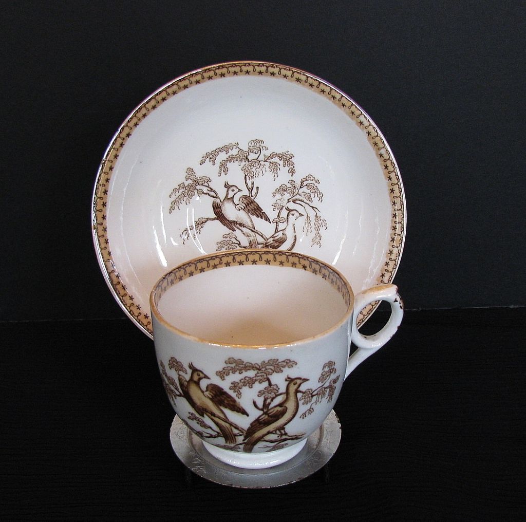 English Cup & Saucer, Ring Handle,Transferware, Pheasants, Antique 19thC English Cup & Saucer, Ring Handle,Transferware, Pheasants, Antique 19thC