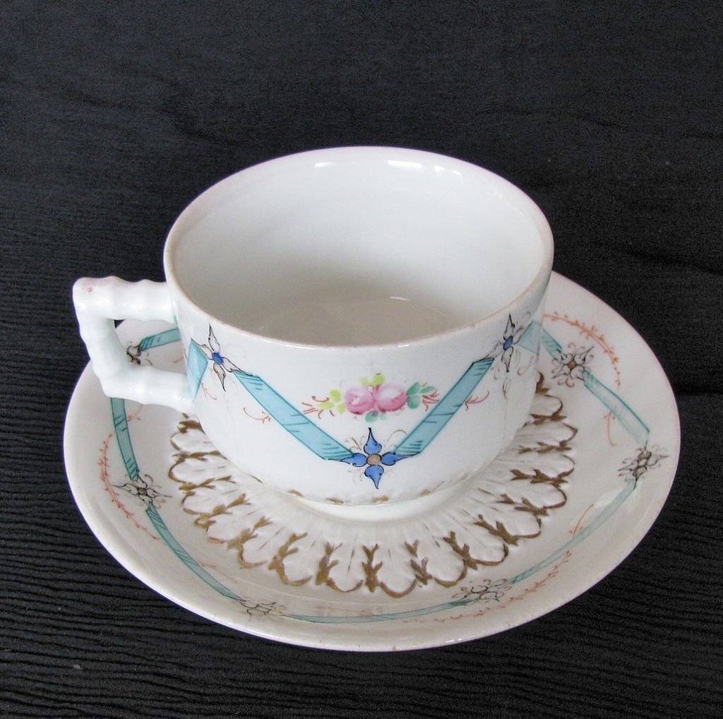 & English Antique Breakfast Saucer, & Blue Flowers, Cup breakfast Bodley cup   vintage  Ribbons