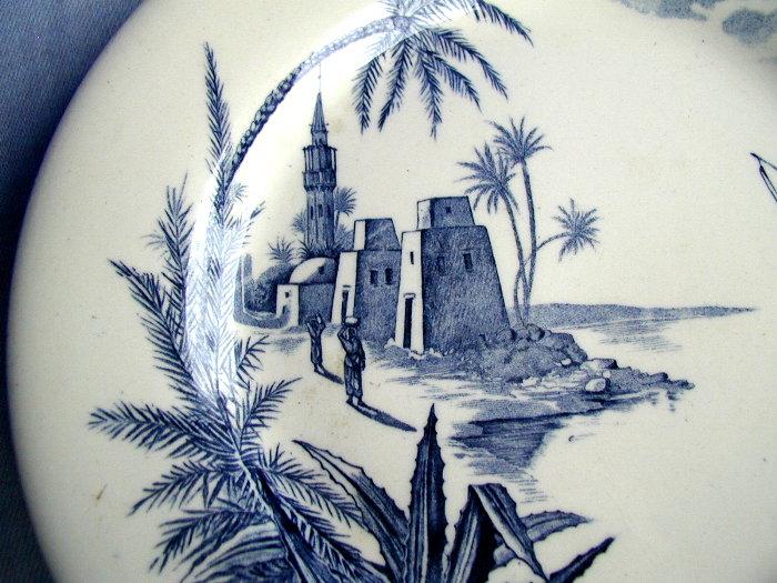 Gien Faience Plate, Harbor Scene, Antique 19th C French Gien Faience Plate, Harbor Scene, Antique 19th C French