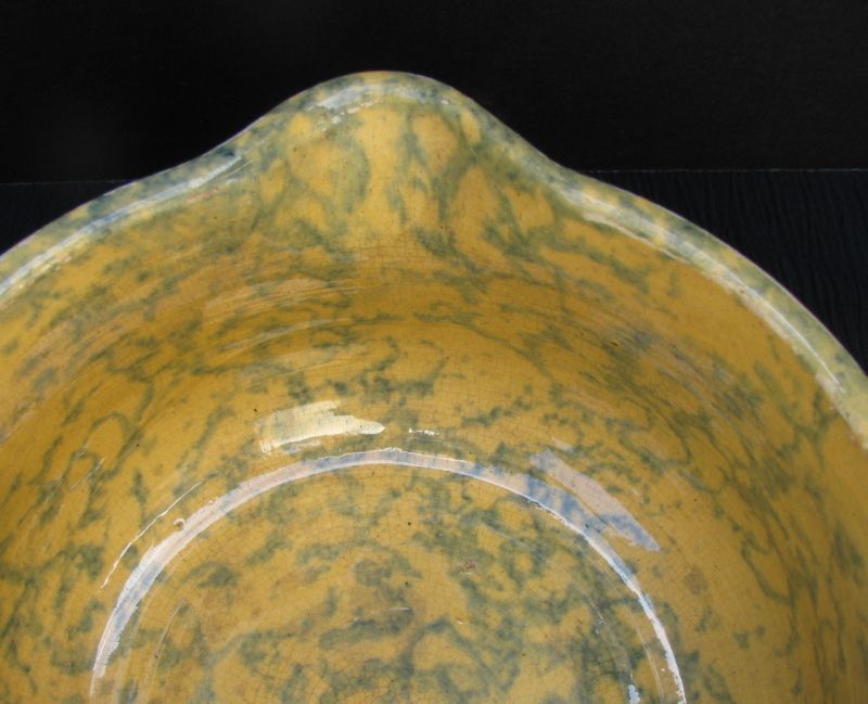 Spongeware Yellow Ware Batter Bowl "Gypsy Kettle", Wire Handle, Antique American Spongeware Yellow Ware Batter Bowl "Gypsy Kettle", Wire Handle, Antique American