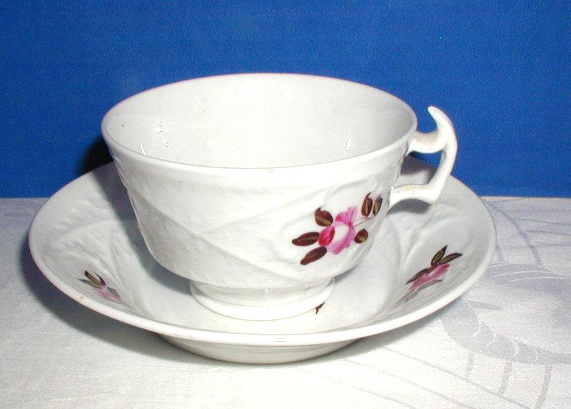London Shape Cup & Saucer, Antique c. 1820, Hand Painted English Molded Porcelain London Shape Cup & Saucer, Antique c. 1820, Hand Painted English Molded Porcelain