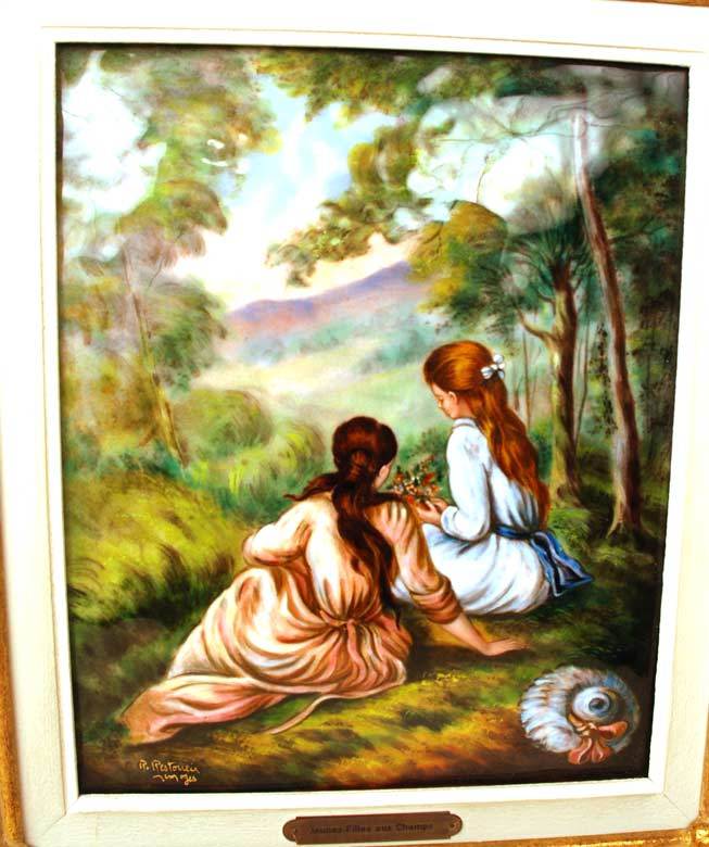 Large Hand Painted Limoges Enamel Wall Plaque "Jeunes Filles aux Champs" artist Restoueix after Renoir Large Hand Painted Limoges Enamel Wall Plaque "Jeunes Filles aux Champs" artist Restoueix after Renoir